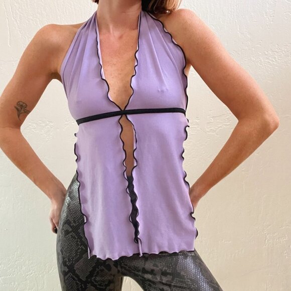 Vintage Y2K Lavender Open Front Halter Club Top - Picture 5 of 8